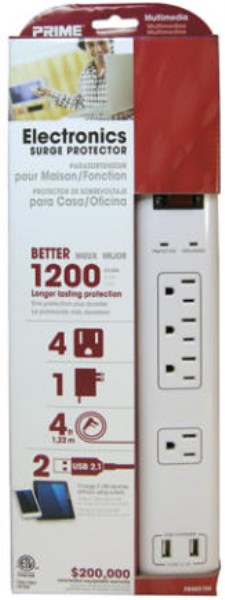 Prime Wire & Cable 4-Outlet 1200J White Surge Protector Strip with USB Charger & 4 Ft. Cord