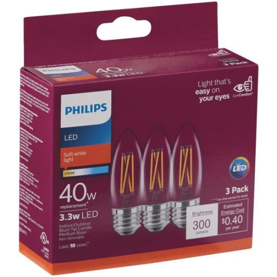 Philips 40W Equivalent Soft White B11 Medium Clear LED Decorative Light Bulb (3-Pack)