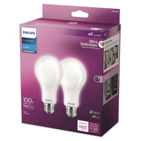 Philips Ultra Definition 100W Equivalent Daylight A21 Medium Dimmable LED Light Bulb, Frosted (2-Pack)