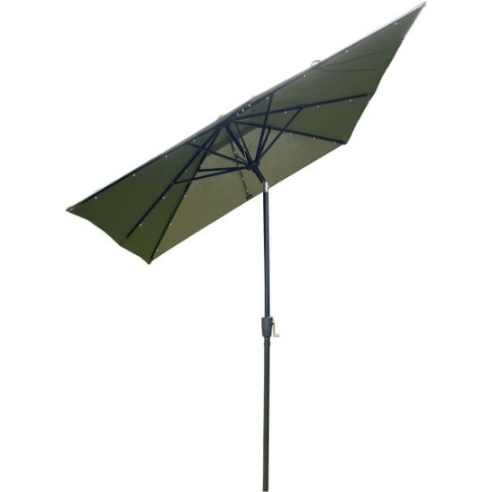 Outdoor Expressions 9 Ft. x 7 Ft. Rectangular Aluminum Tilt/Crank Heather Green Patio Umbrella with Solar LED Lights
