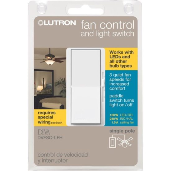 Lutron Diva White Single Pole Rocker 3-Speed Light & Fan Control Switch