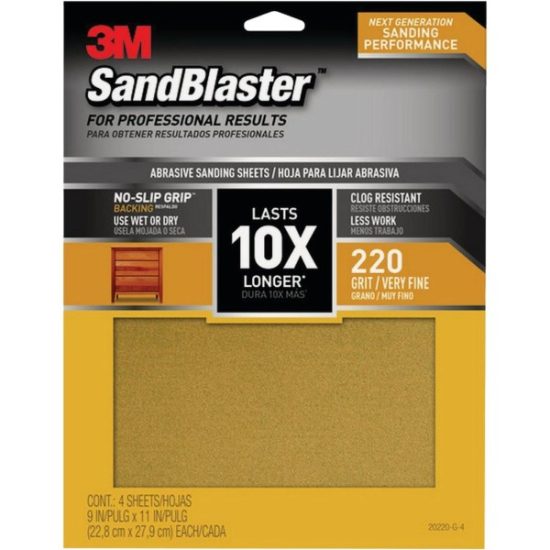 3M SandBlaster No Slip Grip Backing 11 In. x 9 In. 220 Grit Very Fine Sandpaper (4-Pack)