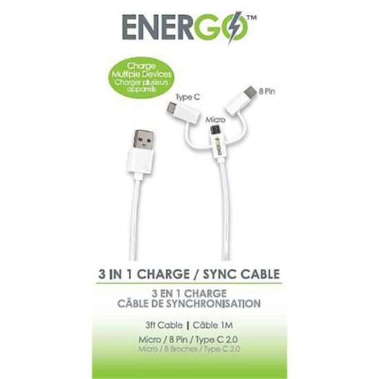Energo 3 Ft. White 2-In-1 USB Charging & Sync Cable