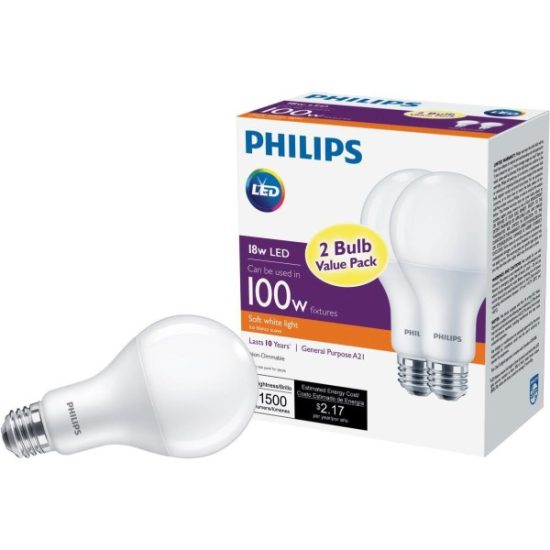 Philips 100W Equivalent Soft White A19 Medium LED Light Bulb (2-Pack)