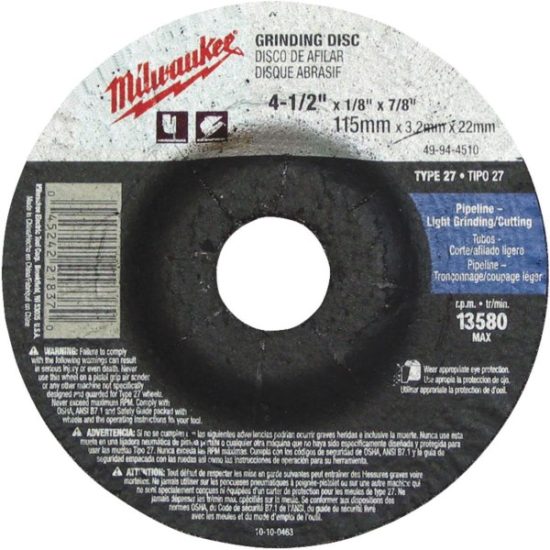 Milwaukee Type 27 4-1/2 In. x 1/8 In. x 7/8 In. Pipeline-Cutting/Grinding Cut-Off Wheel