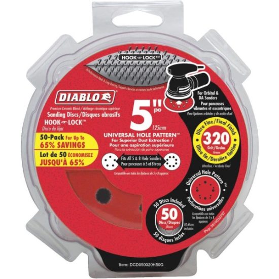 Diablo 5 In. 320-Grit Universal 12-Hole Vented Sanding Disc with Hook and Lock Backing (50-Pack)