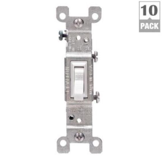 Leviton Residential Grade 15 Amp Toggle Single Pole Grounded Switch, White, (10-Pack)
