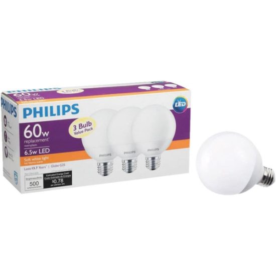 Philips 60W Equivalent Soft White G25 Medium Frosted LED Decorative Light Bulb (3-Pack)