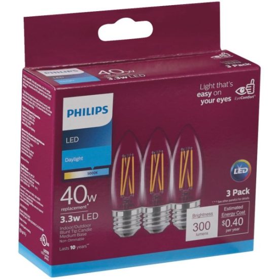Philips 40W Equivalent Daylight B11 Medium Clear LED Decorative Light Bulb (3-Pack)