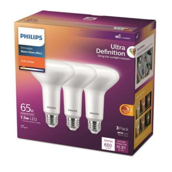 Philips Warm Glow Ultra Definition 65W Equivalent Soft White BR30 Medium Dimmable LED Floodlight Light Bulb (3-Pack)