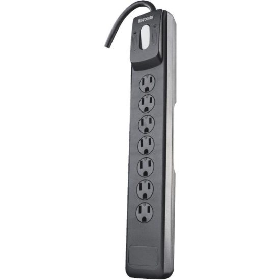 Woods 7-Outlet 1440J Black Surge Protector Strip with 10 Ft. Cord