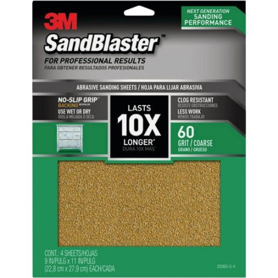3M SandBlaster No Slip Grip Backing 11 In. x 9 In. 60 Grit Coarse Sandpaper (4-Pack)