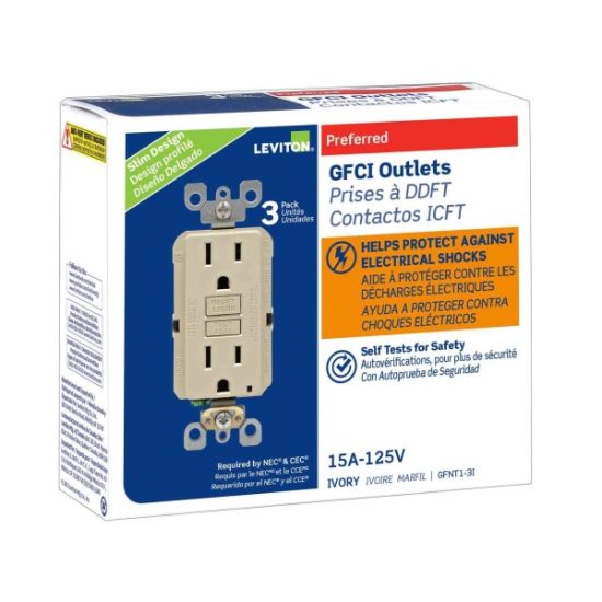 Leviton SmartlockPro Self-Test 15A Ivory Residential Grade Rounded Corner 5-15R GFCI Outlet (3-Pack)