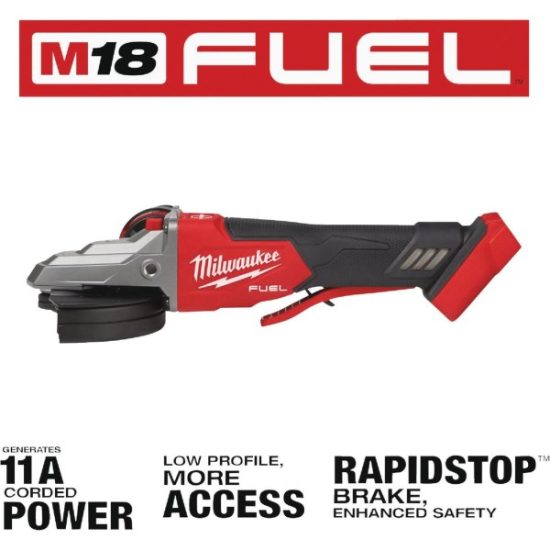 Milwaukee M18 FUEL Lithium-Ion 5 In. Brushless Flathead Braking Cordless Angle Grinder with Paddle Switch, No-Lock (Bare Tool)