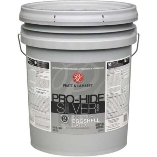 Pratt & Lambert Pro-Hide Silver 5000 Latex Eggshell Interior Wall Paint, Dover White, 5 Gal.