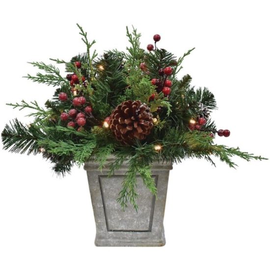 Bancroft 17 In. Faux Concrete Planter with Pine Cones & Red Berries