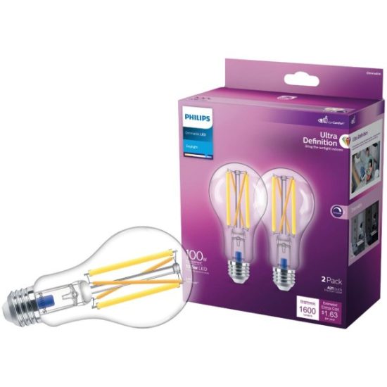 Philips Ultra Definition 100W Equivalent Daylight A21 Medium Dimmable LED Light Bulb, Clear (2-Pack)